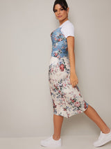 Floral Cowl Neck Contrast Midi Dress in Multi