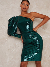 Puff Sleeve Sequin Midi Party Dress in Green