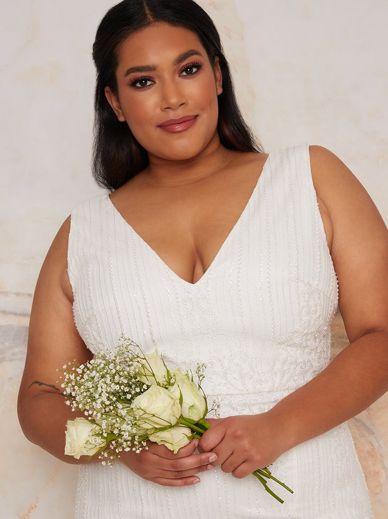 Plus Size Bridal Sleeveless Bodycon Dress with Sequins in White