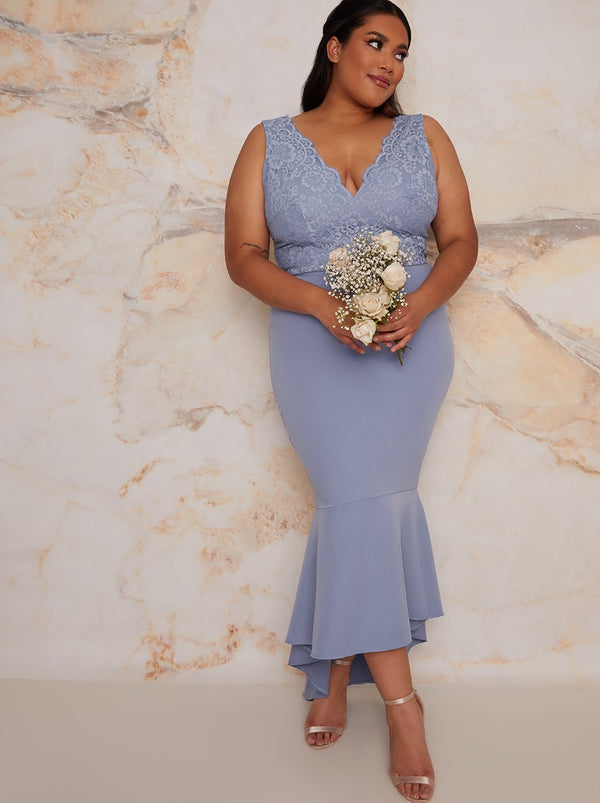 Plus Size Lace Bodycon Bridesmaid Dress With Peplum Hem In Blue