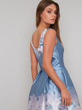 Digital Floral Print Midi Dress in Blue