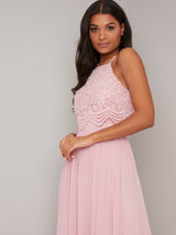 Crochet Bodice Cami Strap Maxi Dress in Pink