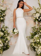 Halter Style Embellished Wedding Dress in White