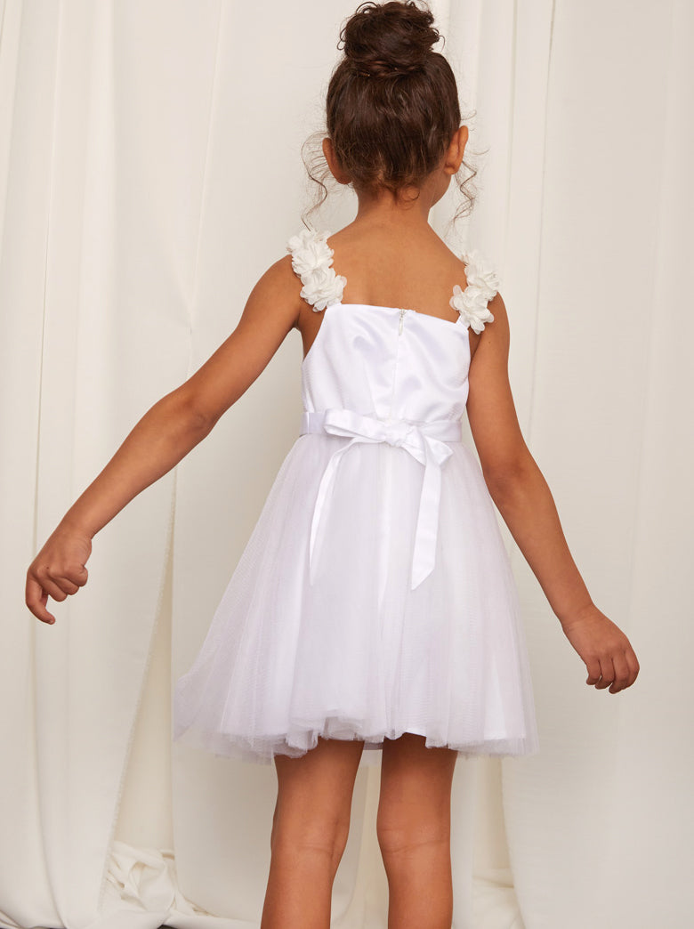 Younger Girls 3D Floral Strap Tulle Midi Dress in White