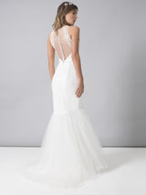 Bridal Lace Sheer Back Fishtail Wedding Dress in White