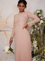 Long Sleeved Lace Pleated Maxi Bridesmaid Dress in Champagne