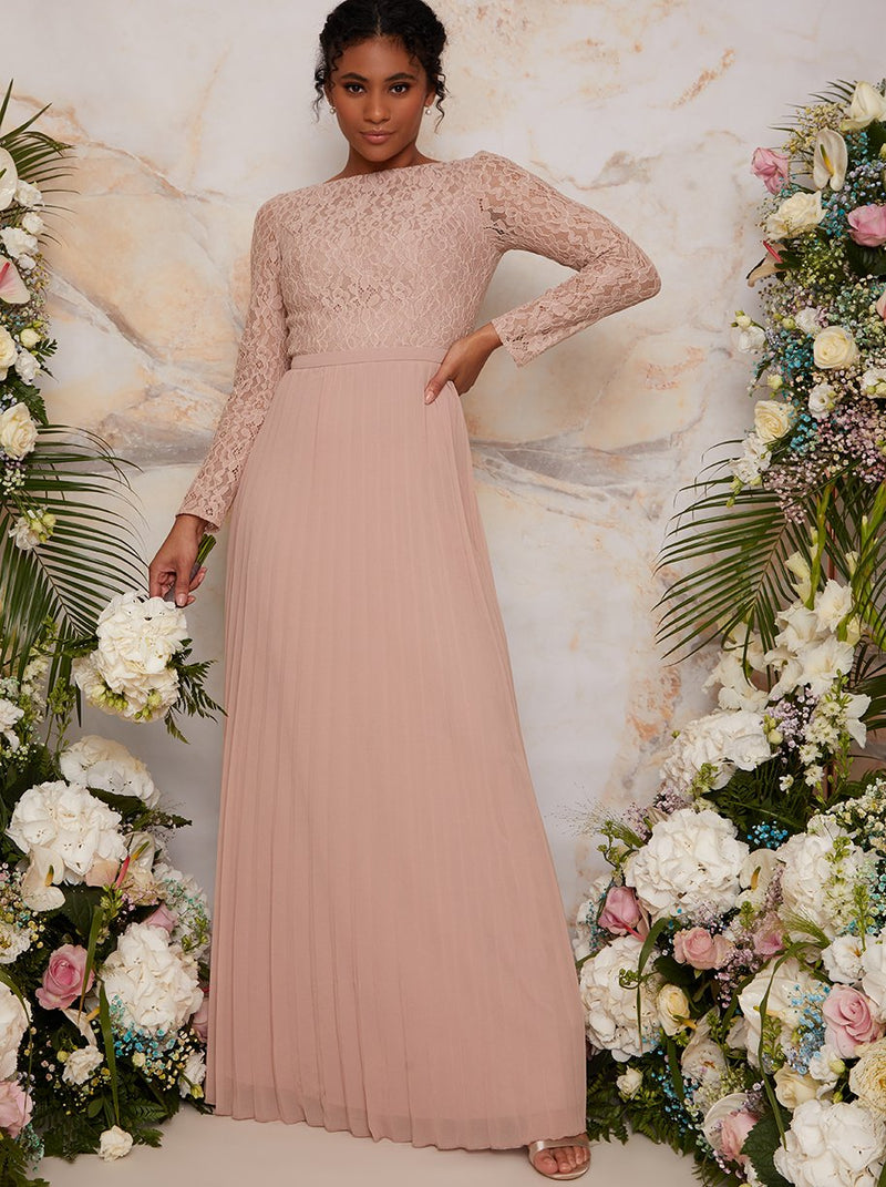 Long Sleeved Lace Pleated Maxi Bridesmaid Dress in Champagne