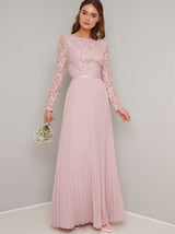 Lace Bodice Pleated Maxi Bridesmaids Dress in Pink