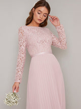 Tall Lace Long Sleeved Pleat Maxi Dress in Pink