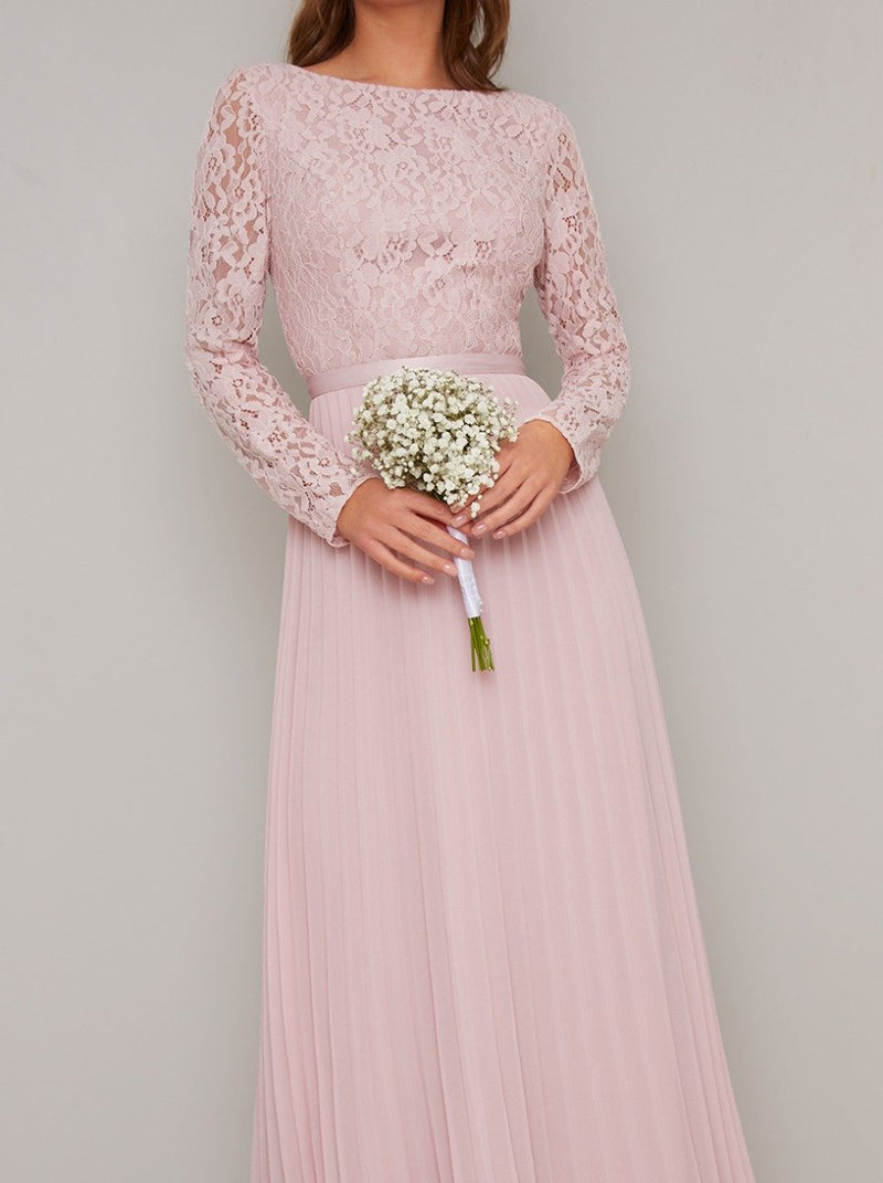 Lace Bodice Pleated Maxi Bridesmaids Dress in Pink