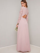 Tall Lace Long Sleeved Pleat Maxi Dress in Pink