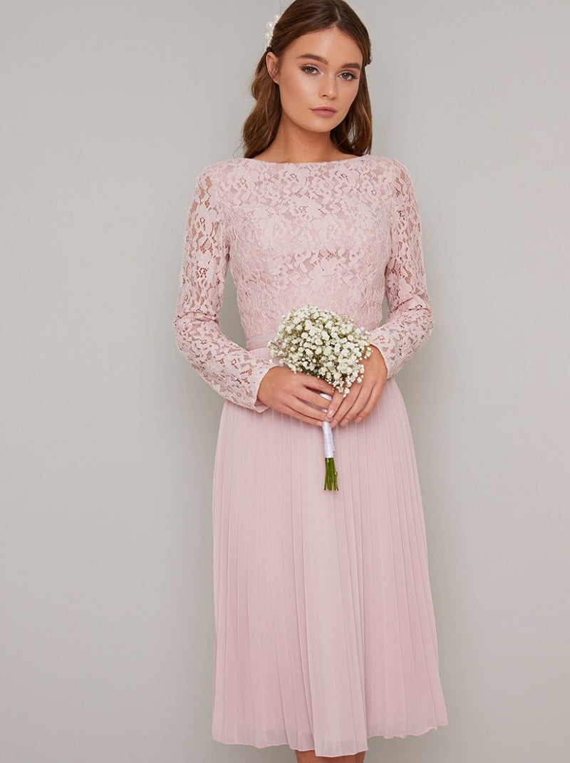 Lace Midi Dress with with Long Sleeves in Pink