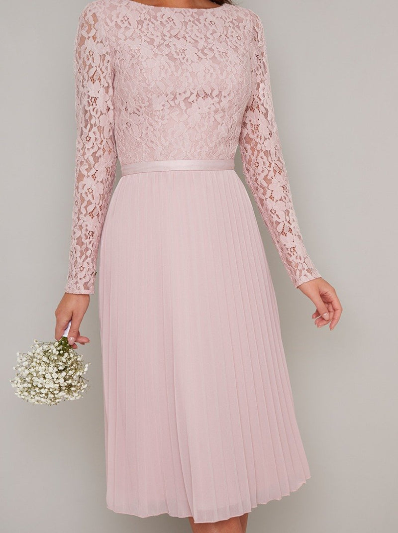 Tall Lace Bodice Pleat Midi Dress in Pink