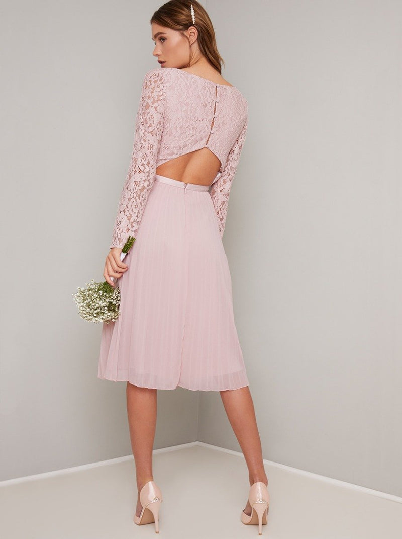 Tall Lace Bodice Pleat Midi Dress in Pink