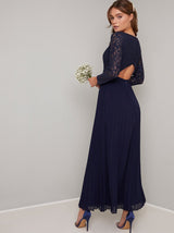 Long Sleeved Lace Bodice Pleat Maxi Dress in Blue