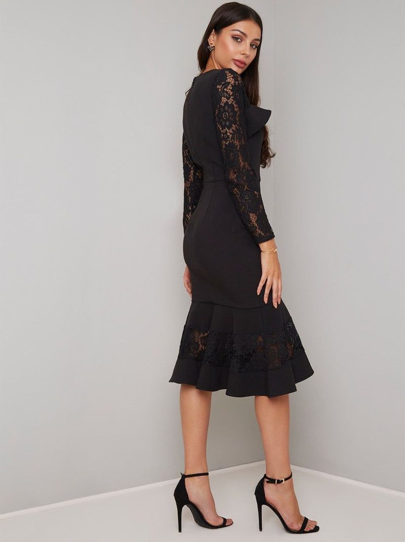 Floral Crochet Asymetric Bodycon Dress in Black