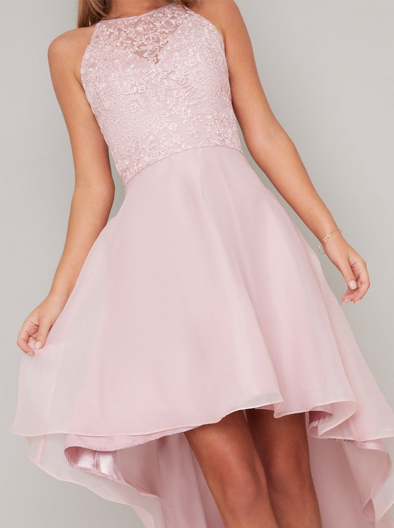 Halter Lace Bodice Dip Hem Layered Midi Dress in Pink