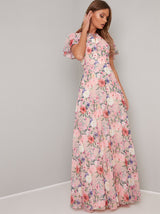 Angel Sleeve Floral Print Maxi Dress in Pink
