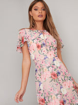 Angel Sleeve Floral Print Maxi Dress in Pink