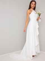 Lace Ruffled Detail Bridal Wedding Dress in White