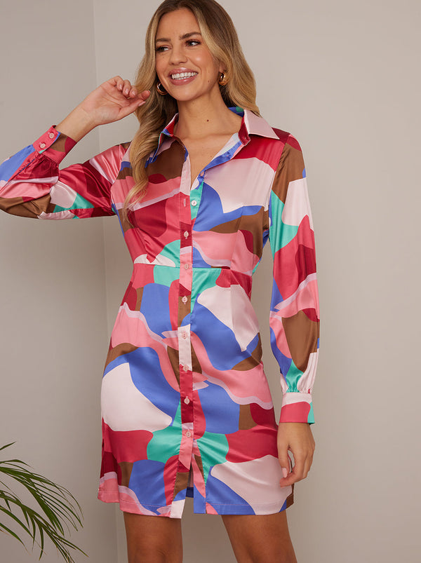 Abstract Printed Shirt Dress in Pink