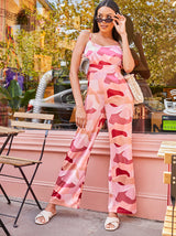 Sleeveless V Neck Abstract Jumpsuit in Pink