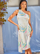 One-Shoulder Abstract Print Midi Dress in White