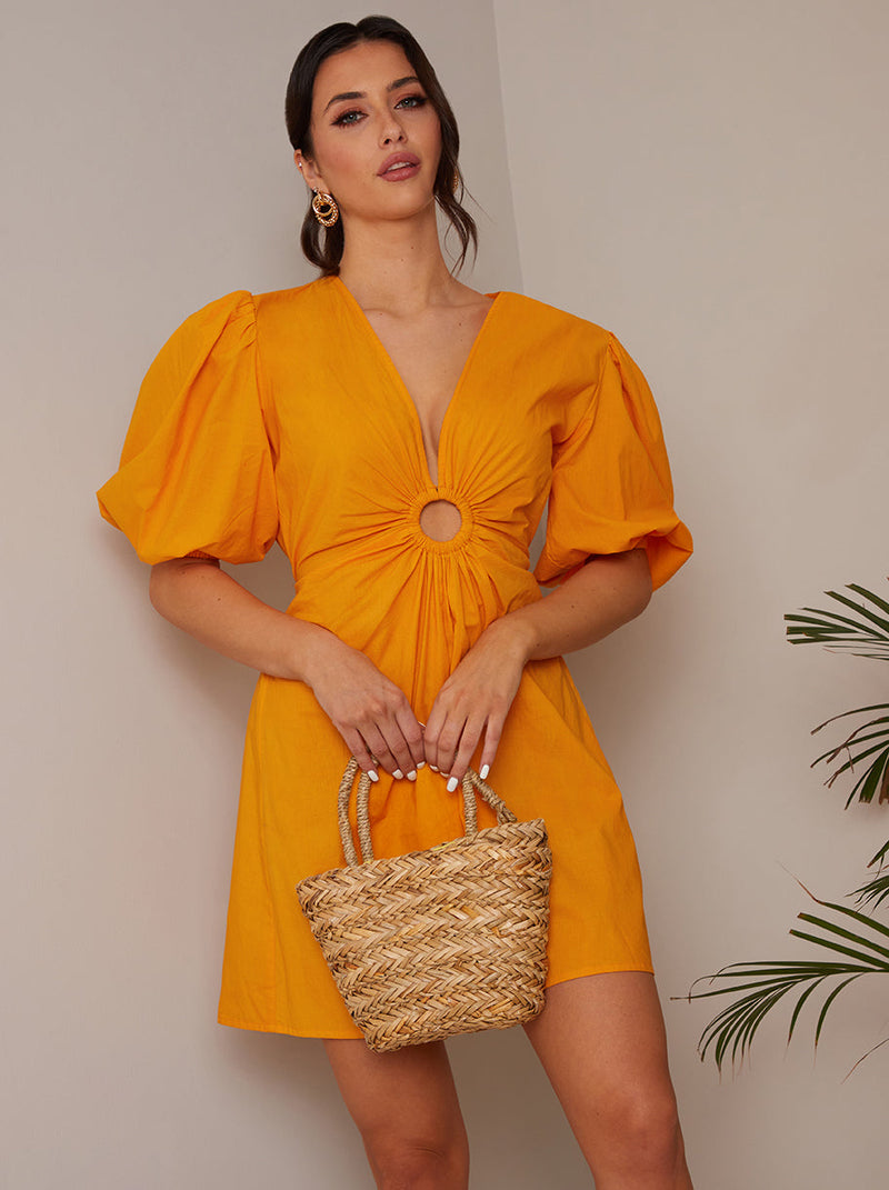 Ring Front Puff Sleeve Mini Dress in Orange