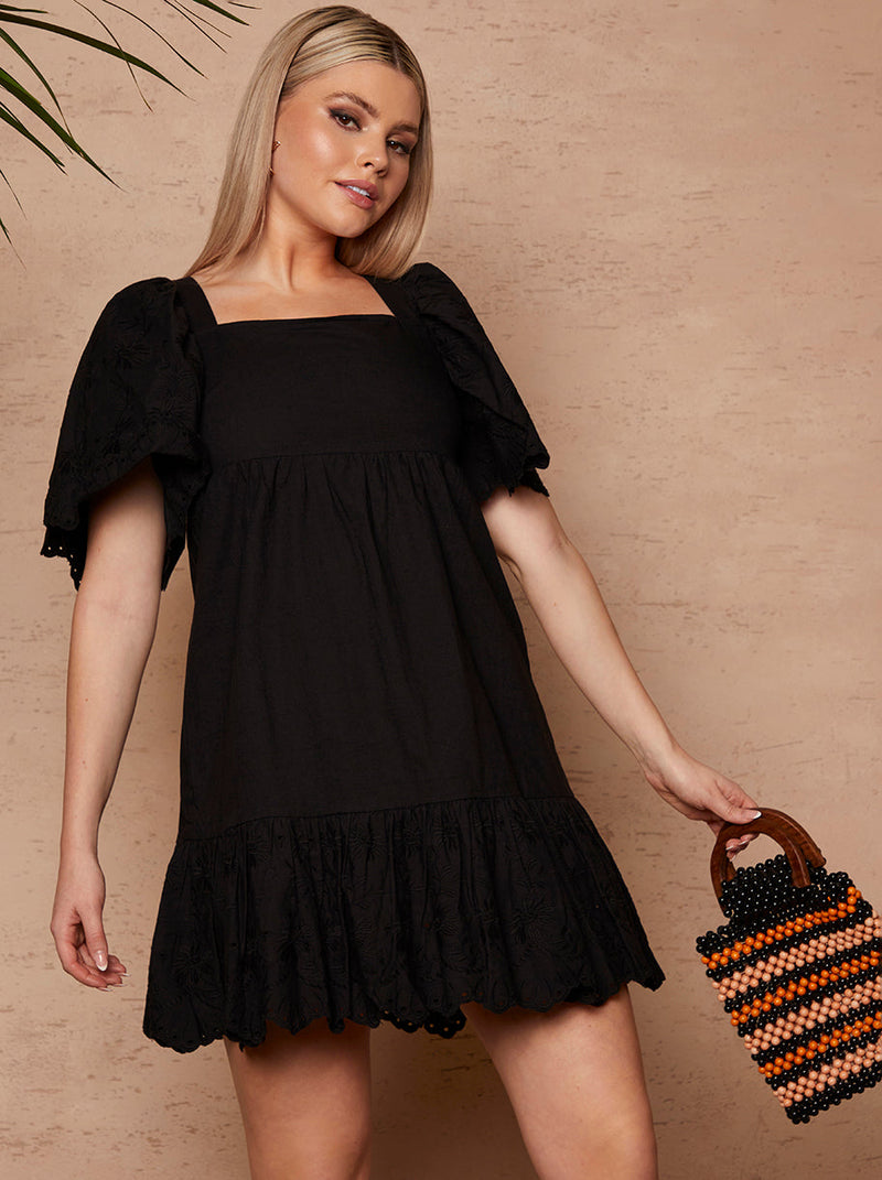 Broderie Anglaise Sleeve Poplin Mini Dress in Black