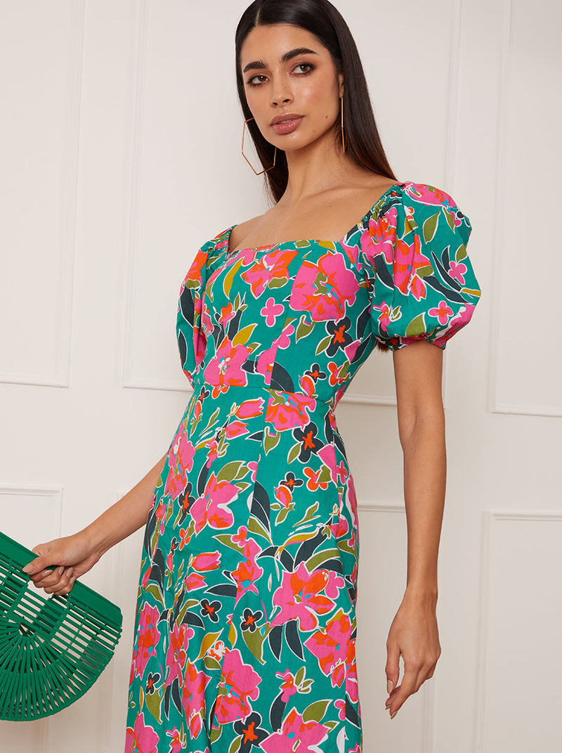 Square Neck Floral Maxi Dress in Green