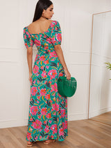 Square Neck Floral Maxi Dress in Green