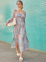 Long Sleeve Square Neck Floral Maxi Dress in Green