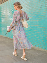 Long Sleeve Square Neck Floral Maxi Dress in Green