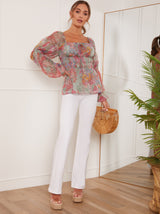 Long Sleeve Square Neck Floral Print Top in Greem