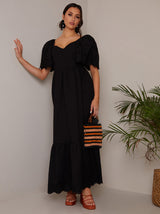 Broderie Sleeve Poplin Maxi Dress in Black