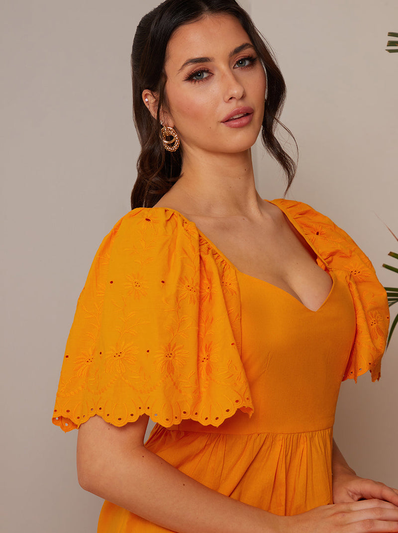Broderie Anglaise Sleeve Poplin Maxi Dress in Orange