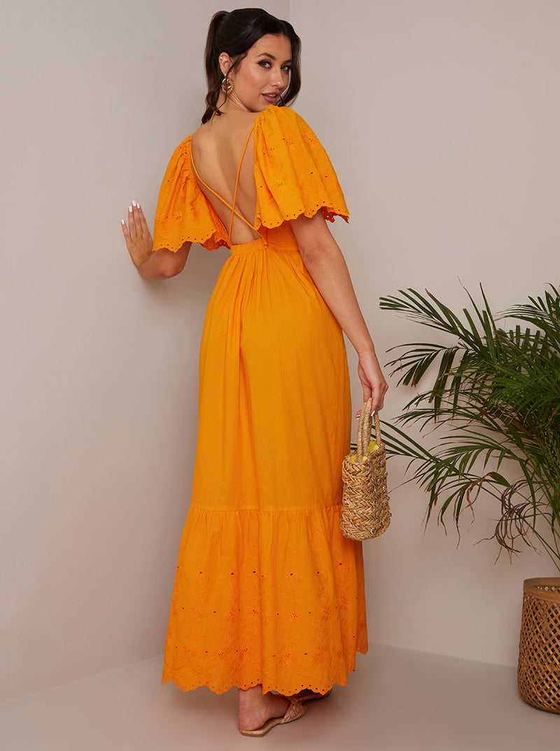 Broderie Anglaise Sleeve Poplin Maxi Dress in Orange