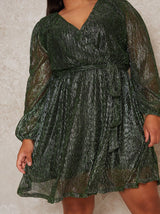 Plus Size Wrap Design Plisse Glitter Dress in Green