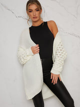 Knitted Balloon Sleeved Chunky Cardigan In Cream