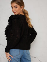 Ruffle Detail Knitted Cardigan In Black