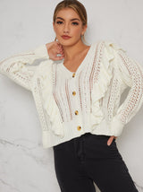 Ruffle Detail Knitted Cardigan In Cream