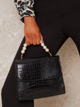 Faux Croc Pearl Handle Handbag in Black