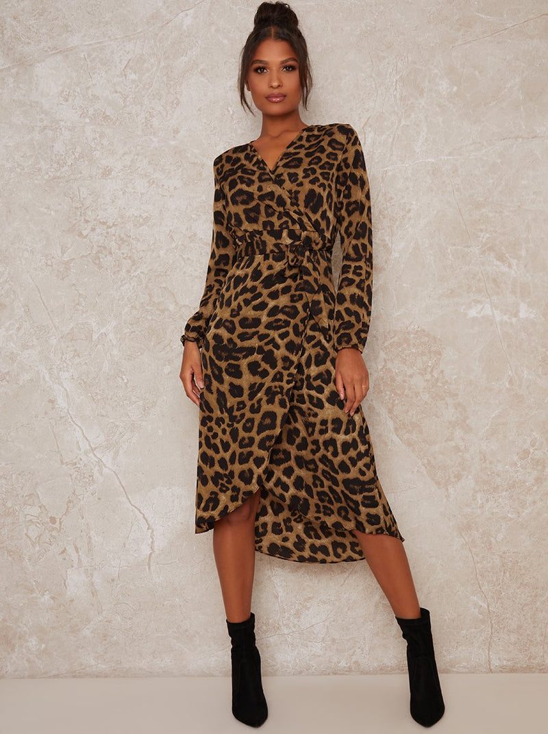 Wrap Design Long Sleeved Leopard Print Dress in Brown