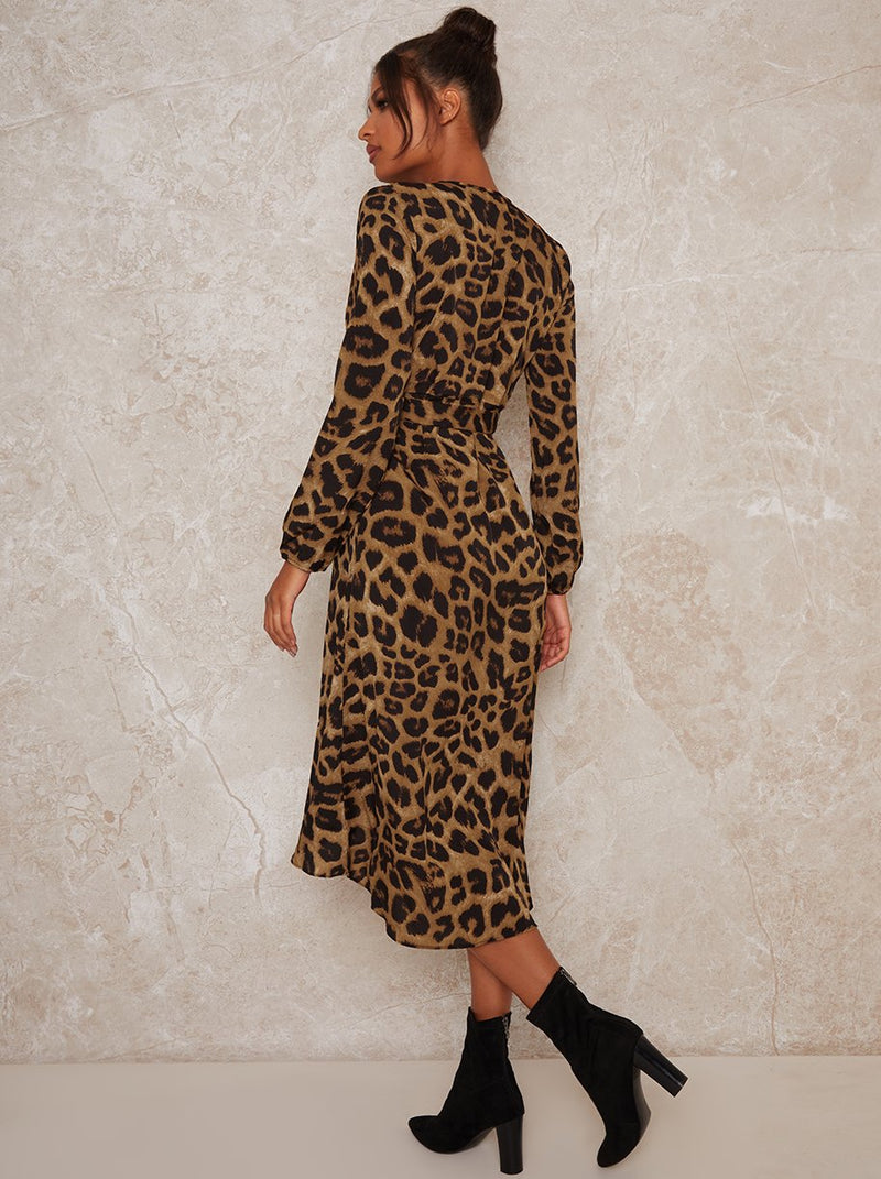 Wrap Design Long Sleeved Leopard Print Dress in Brown