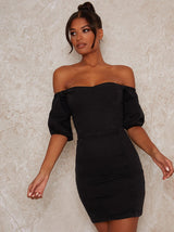 Denim Puff Sleeve Mini Dress in Black