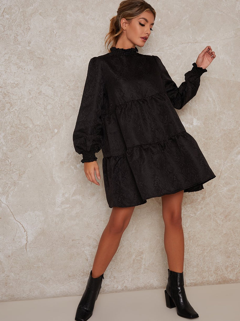 Tiered Smock Day Dress with Long Sleeves in Black