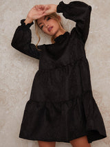 Tiered Smock Day Dress with Long Sleeves in Black