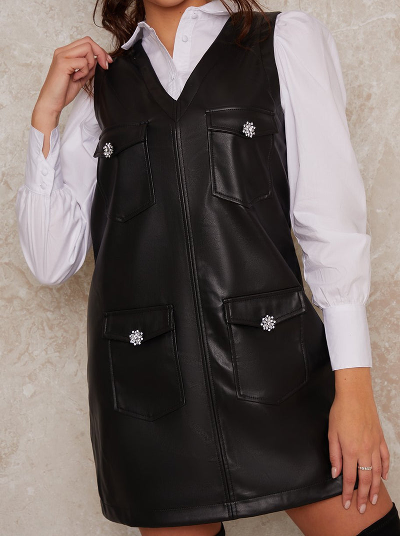Leatherlook Pinafore Mini Dress In Black
