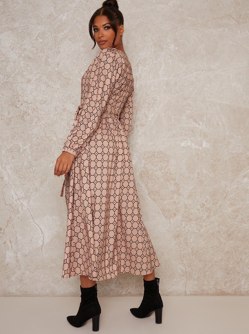 Wrap Design Tile Print Midi Dress in Neutral