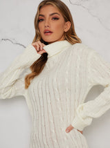 Roll Neck Cable Knit Long Sleeved Mini Dress in Cream